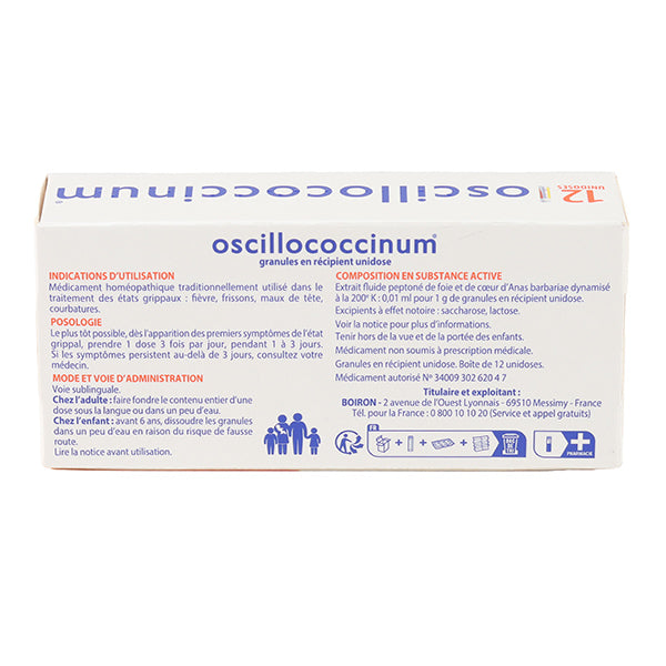 Boiron Oscillococcinum, back of the box with directions