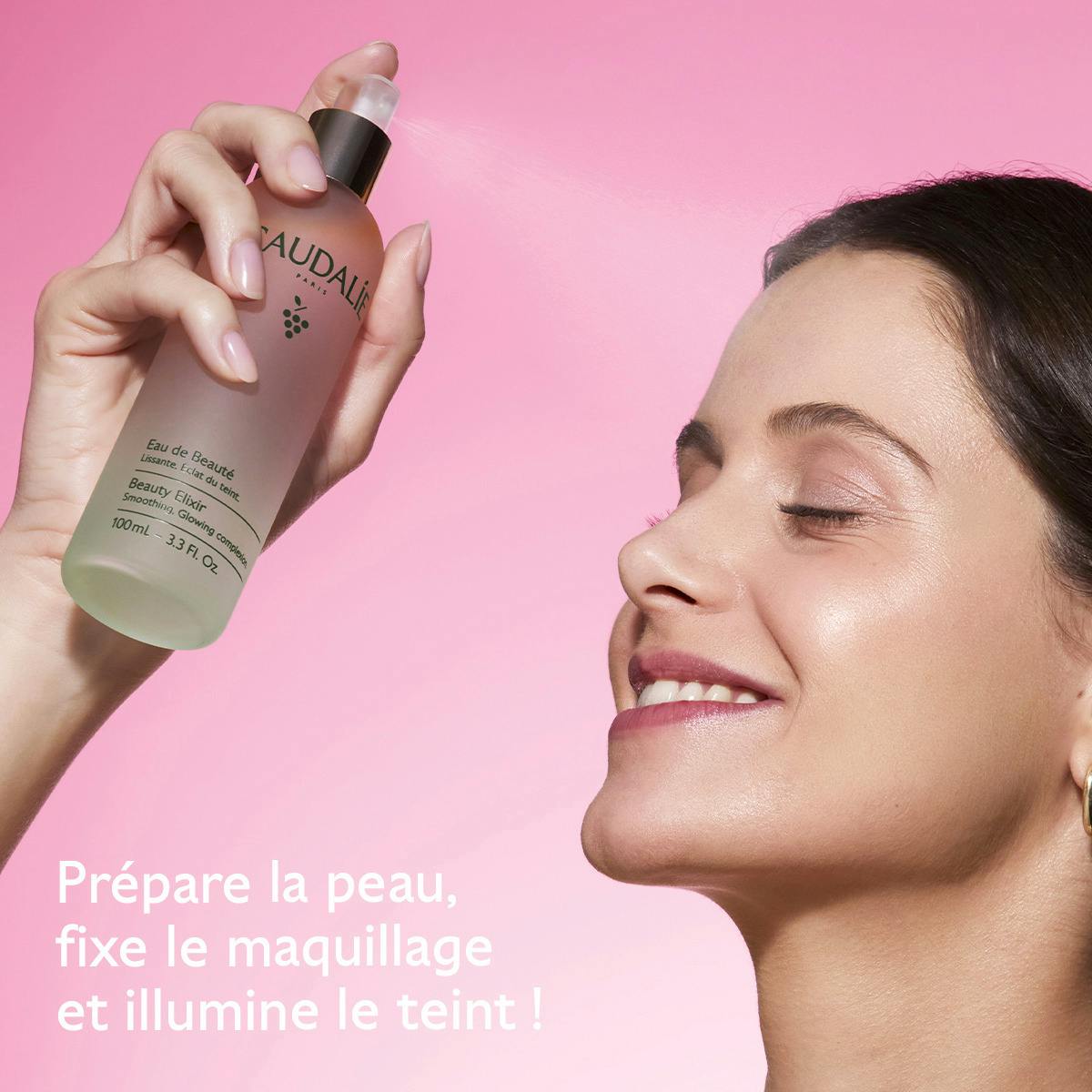 Caudalie Eau de Beauté, profile of a woman spraying the mist, text in French