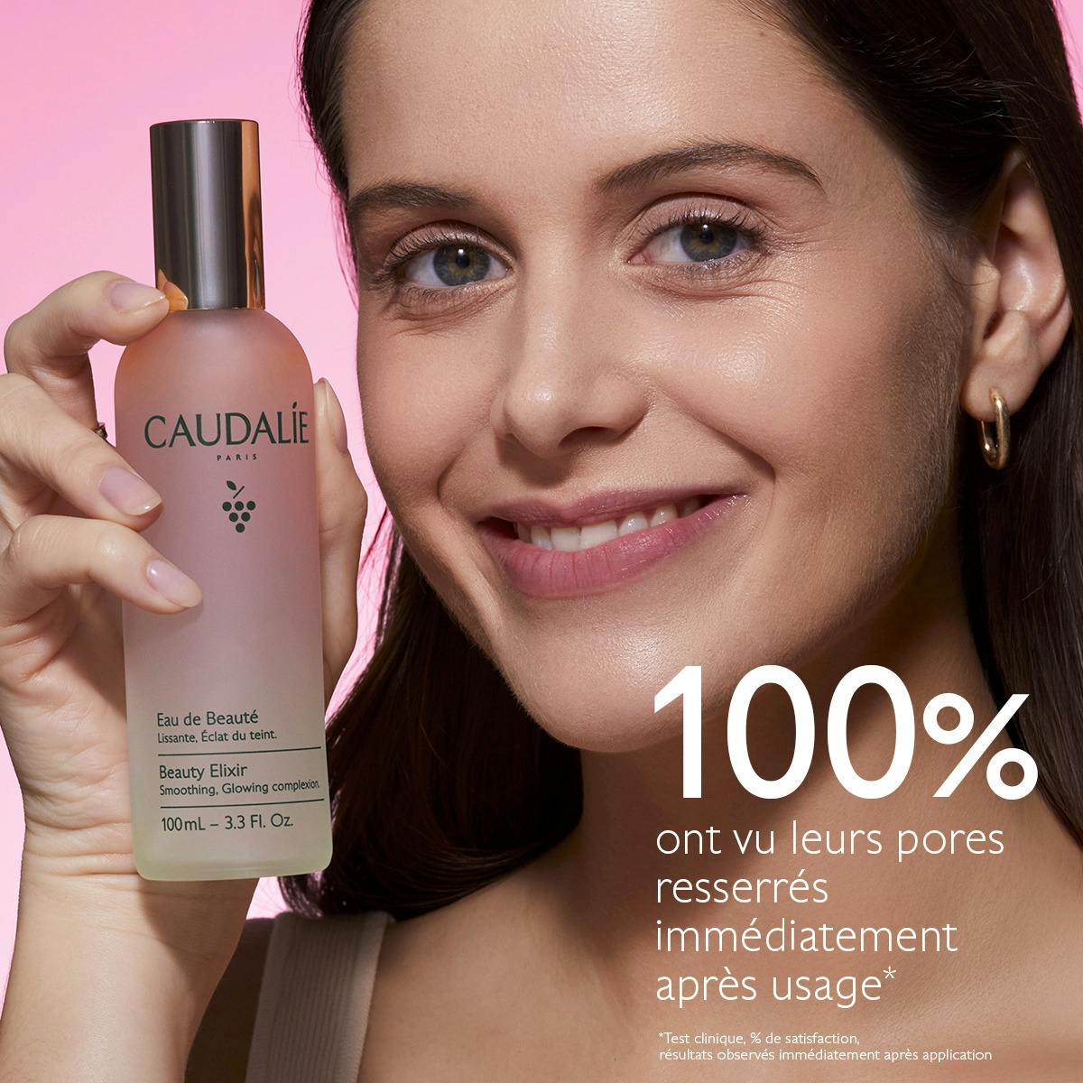 Caudalie Eau de Beauté, woman holding the bottle beside her face, study results in French