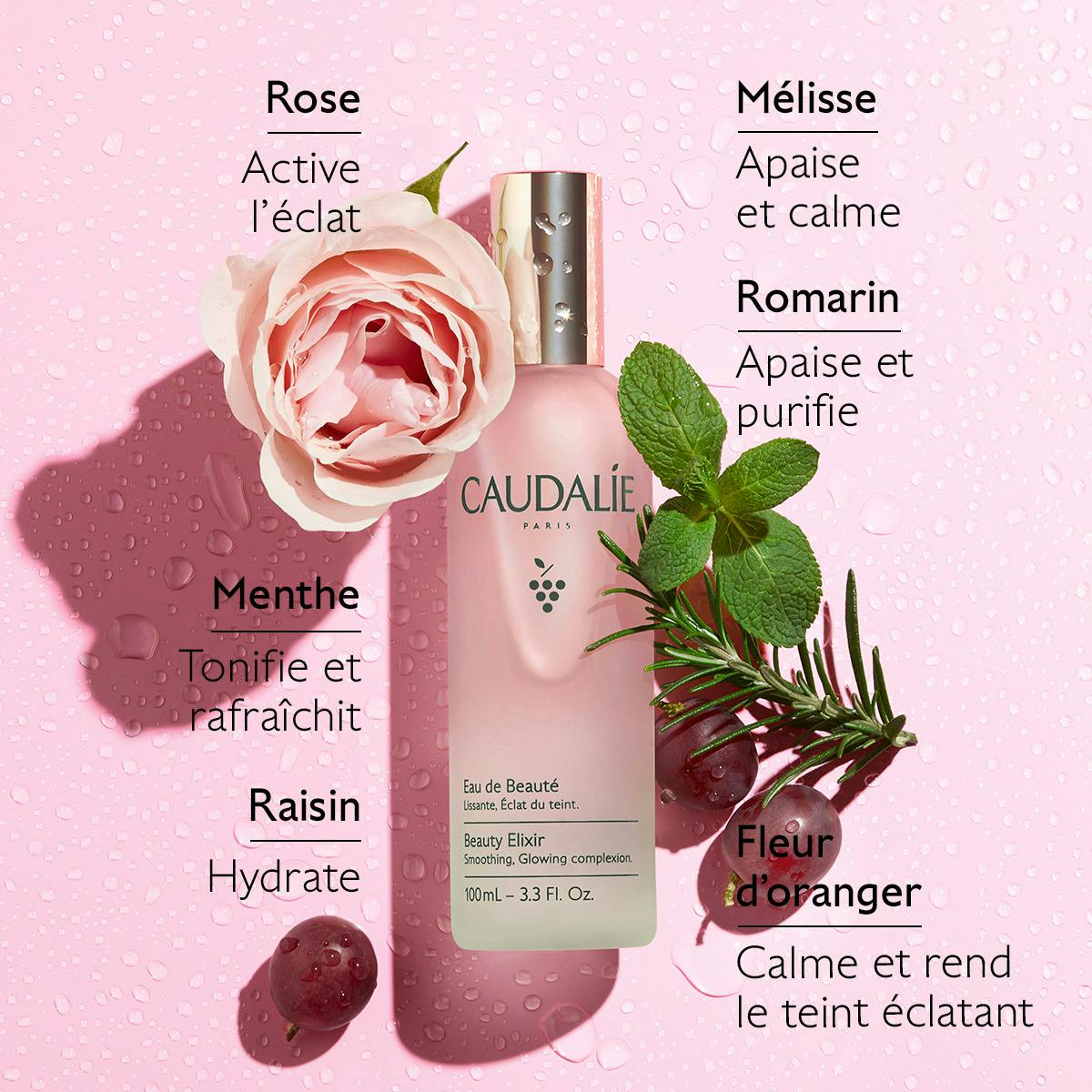 Caudalie Eau de Beauté, key ingredients: rose, mint and rosemary