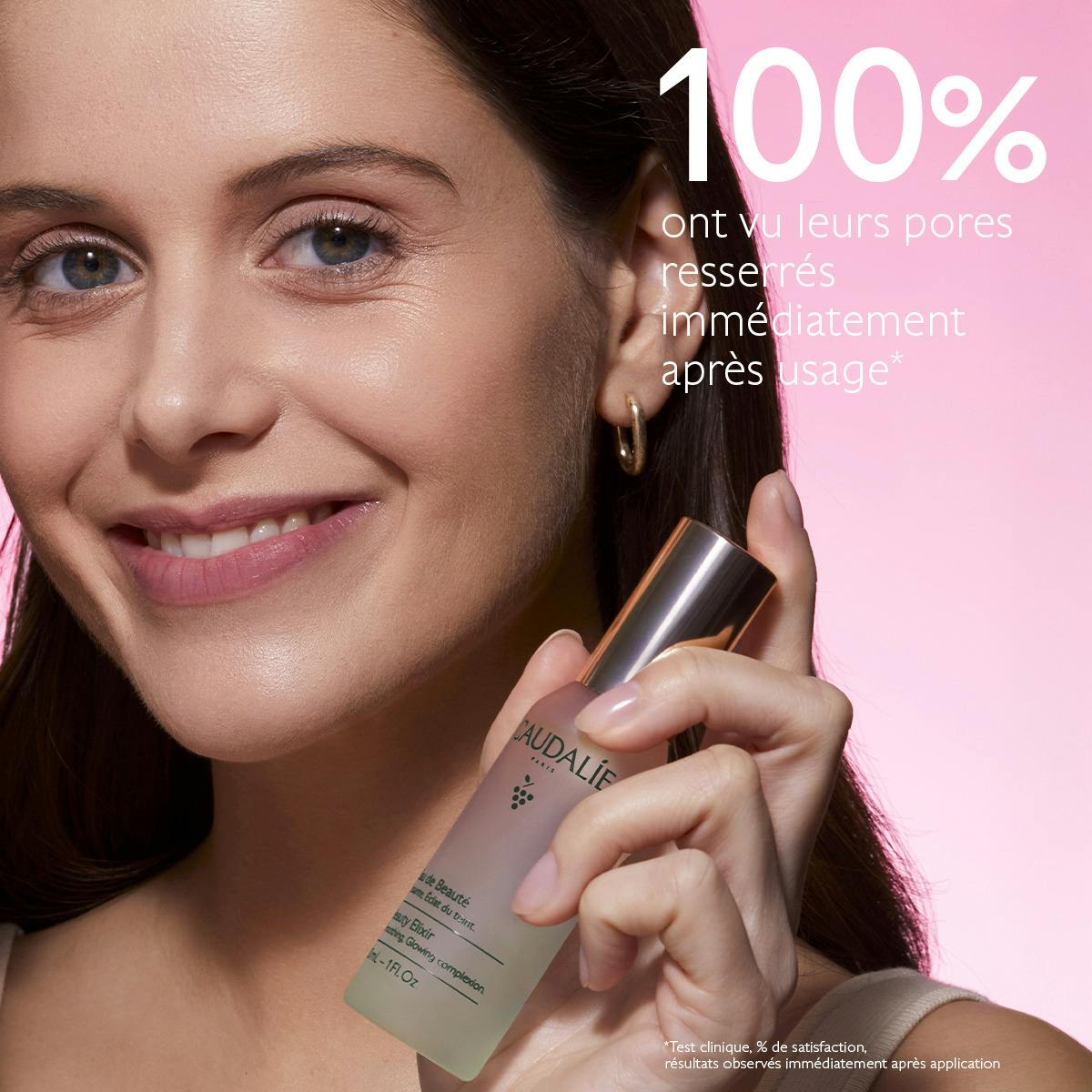 Caudalie Eau de Beauté, woman holding the bottle under her chin, study results in French