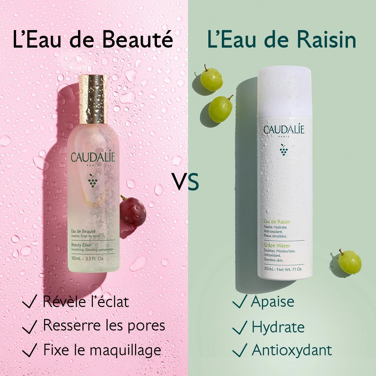 Caudalie Eau de Beauté, comparison chart with Eau de Raisin in French