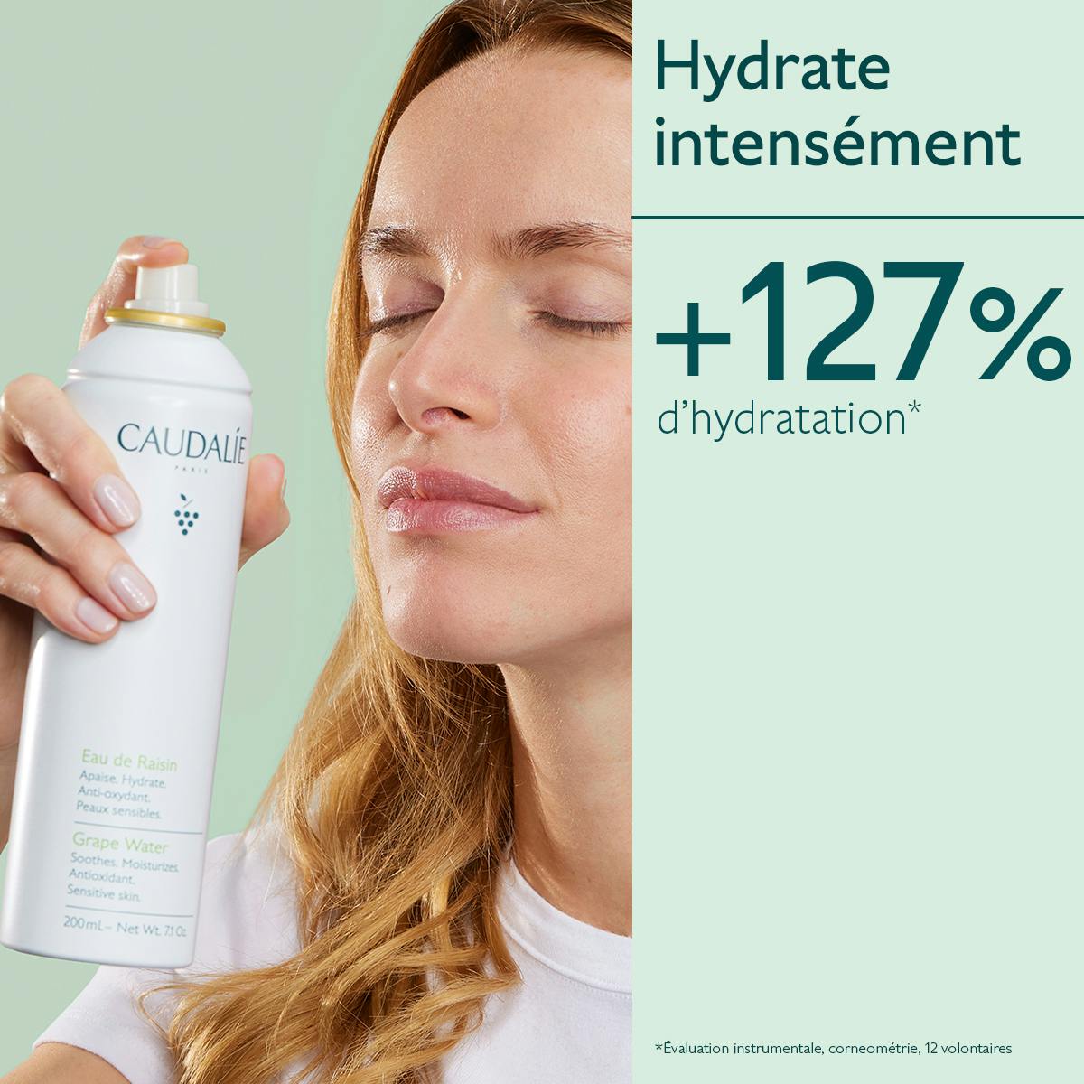 Caudalie Eau de Raisin, woman spraying the mist on her face, study results in French