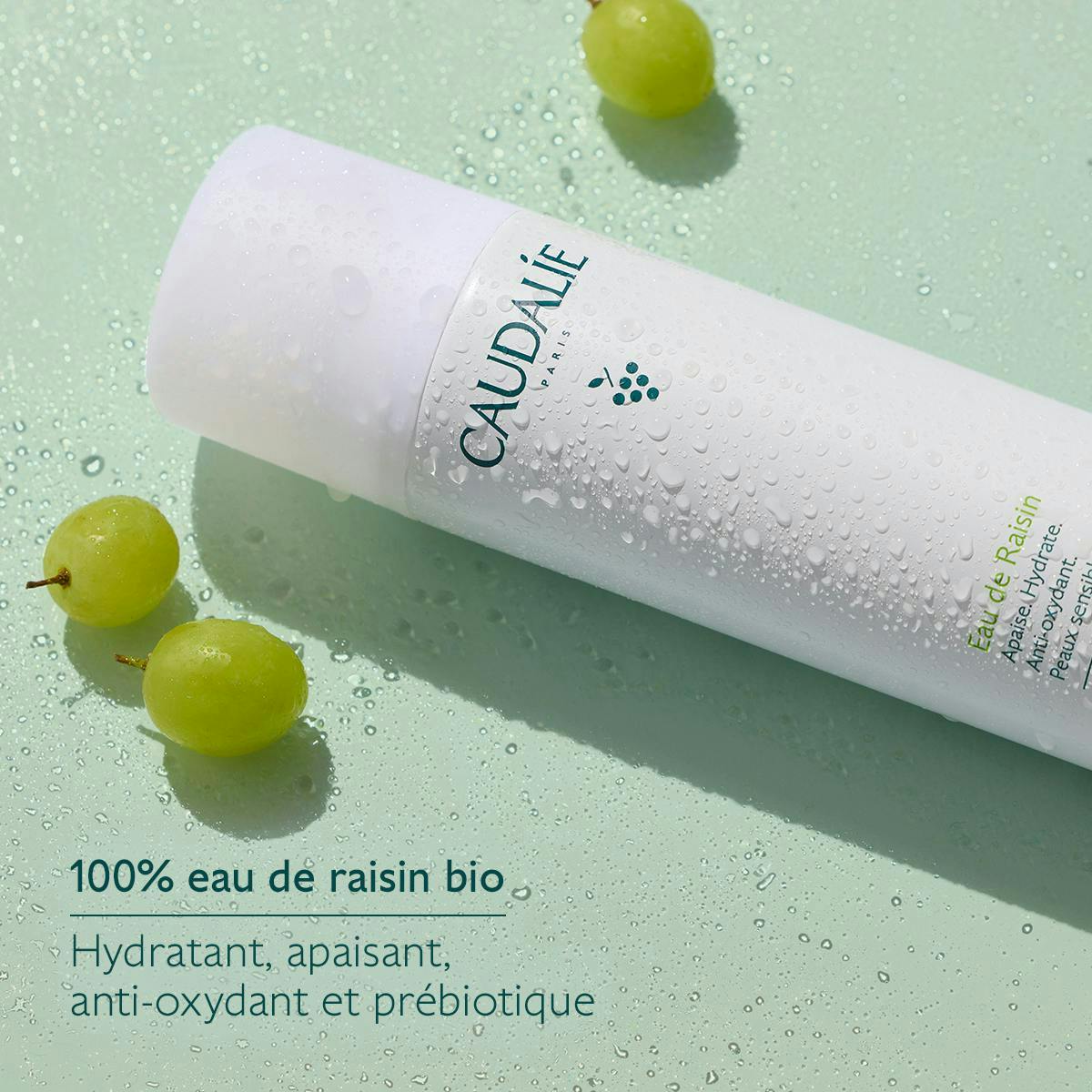 Caudalie Eau de Raisin, can lying among green grapes, text in French