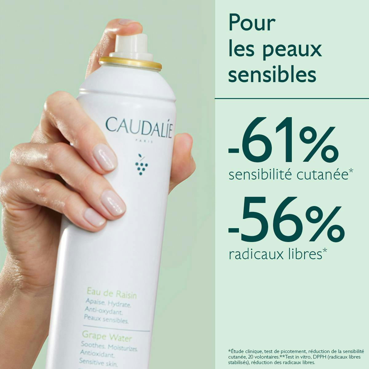 Caudalie Eau de Raisin, hand holding the can, study results in French