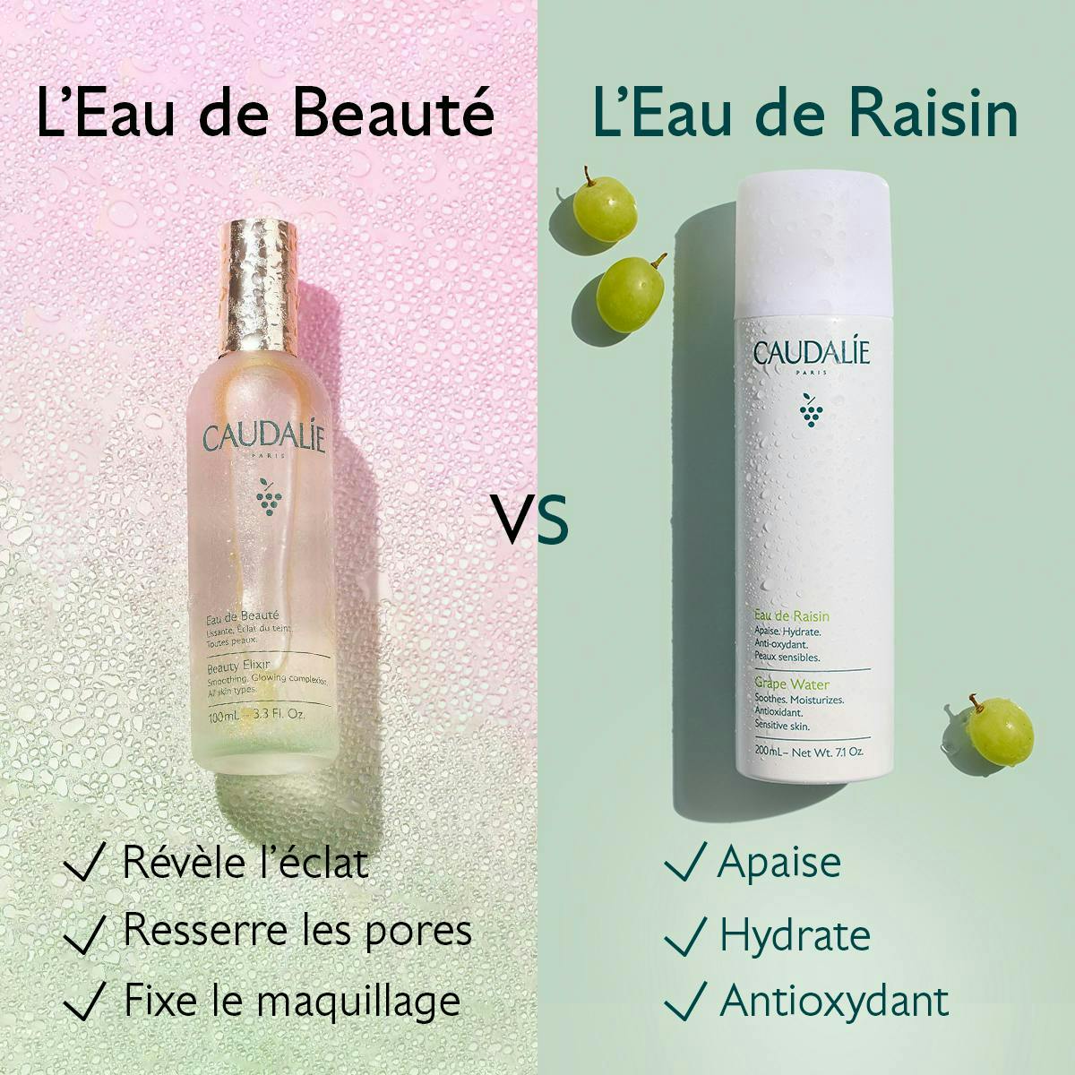 Caudalie Eau de Raisin, comparison chart with Eau de Beauté in French