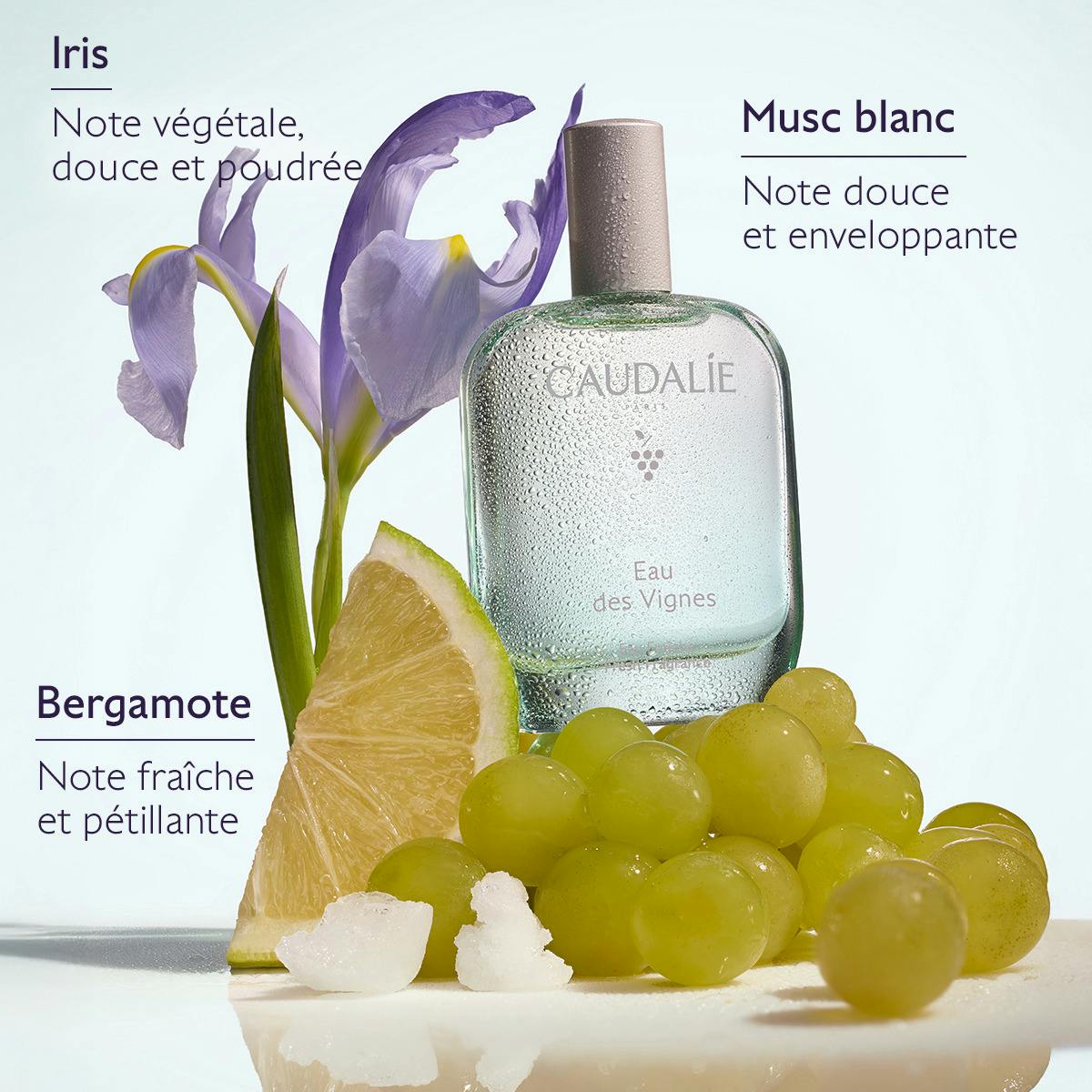 Caudalie Eau des Vignes, fragrance notes: iris, white musk and bergamot