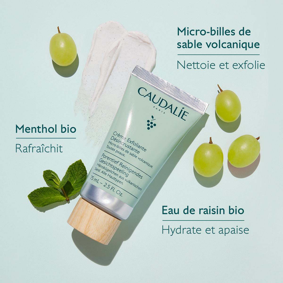 Caudalie Exfoliating Scrub Cream, key ingredients: volcanic sand microbeads, menthol and grape water