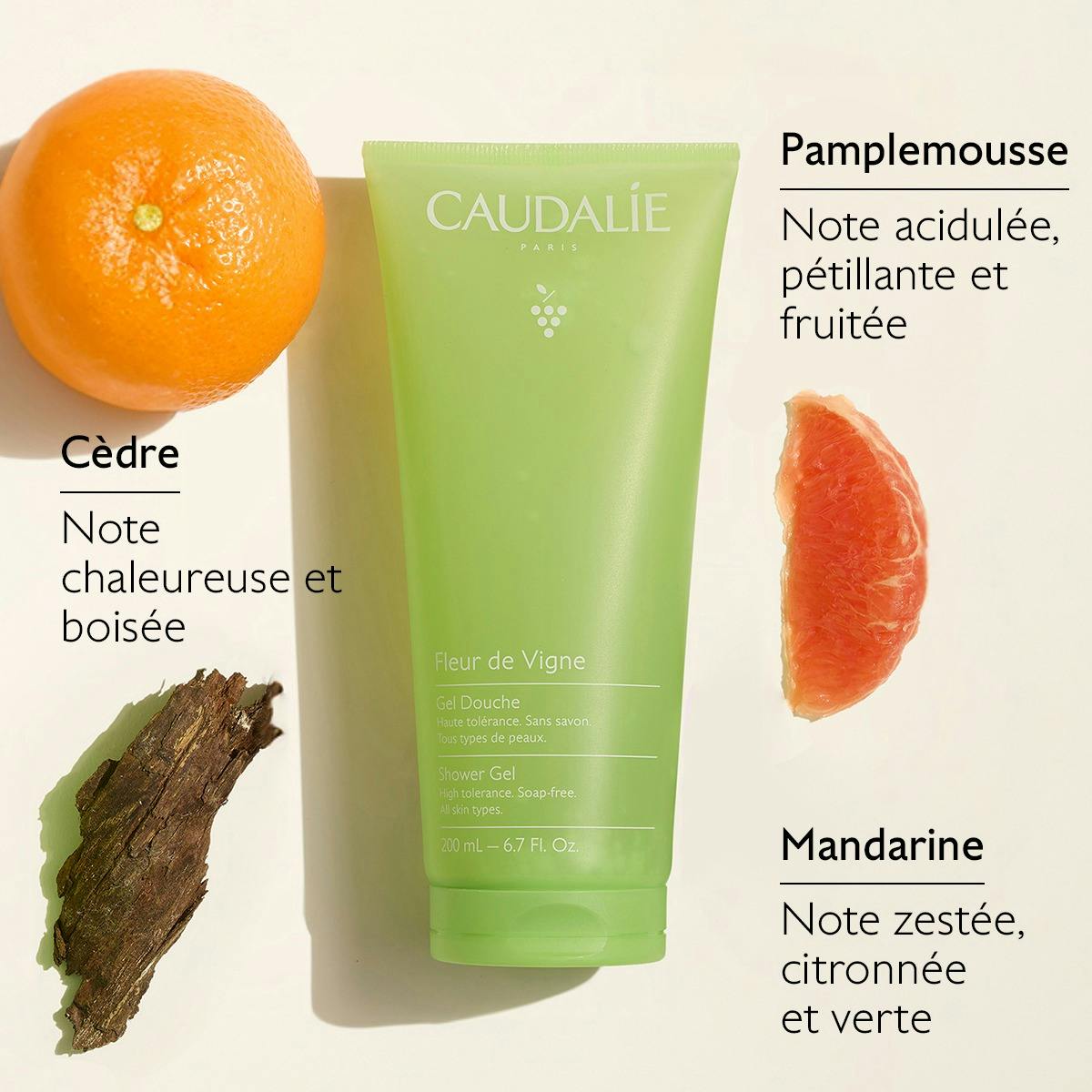 Caudalie Fleur de Vigne, fragrance notes: grapefruit, cedar and mandarin