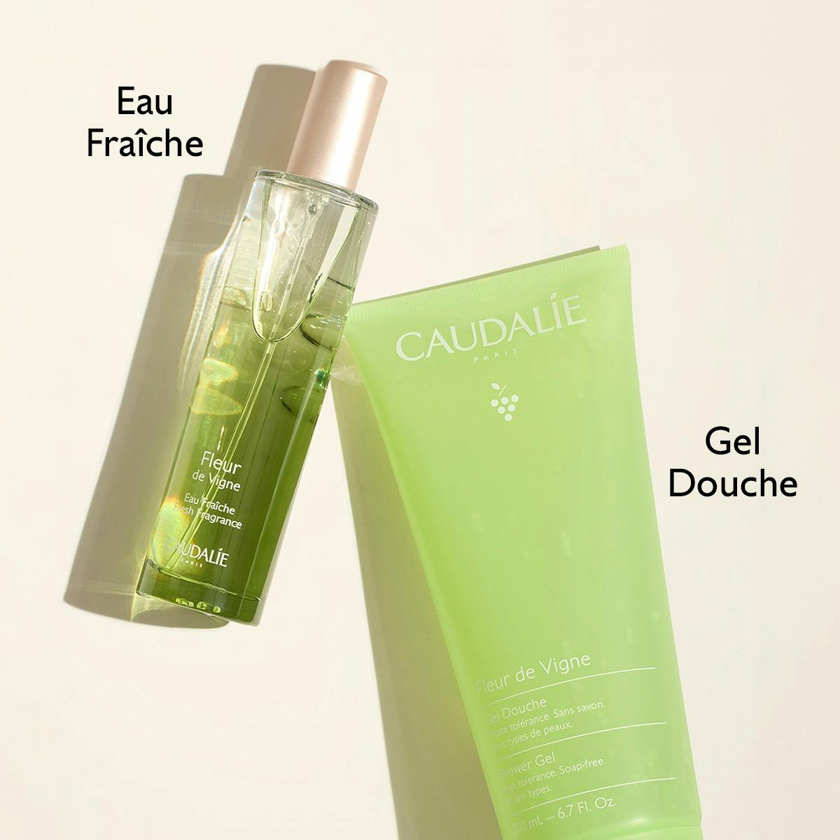 Caudalie Fleur de Vigne, tube beside the matching fragrance spray