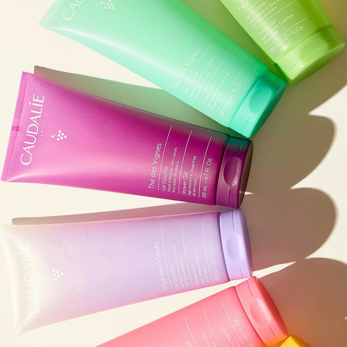 Caudalie Fleur de Vigne, range of shower gel tubes in five colors
