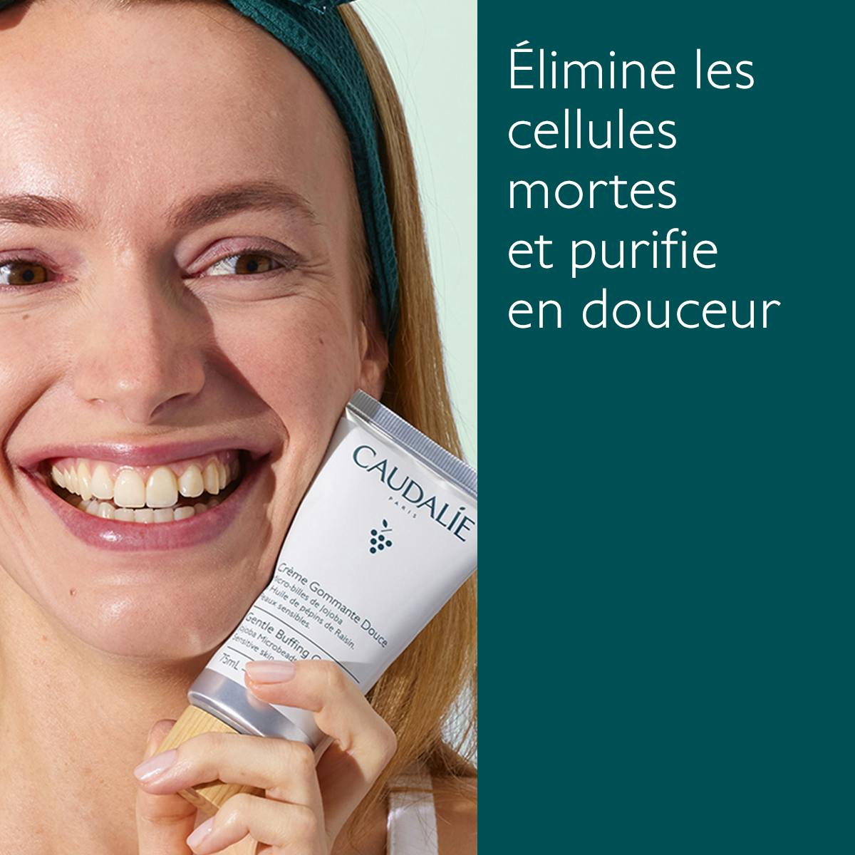 Caudalie Gentle Exfoliating Cream, smiling woman holding the tube, text in French