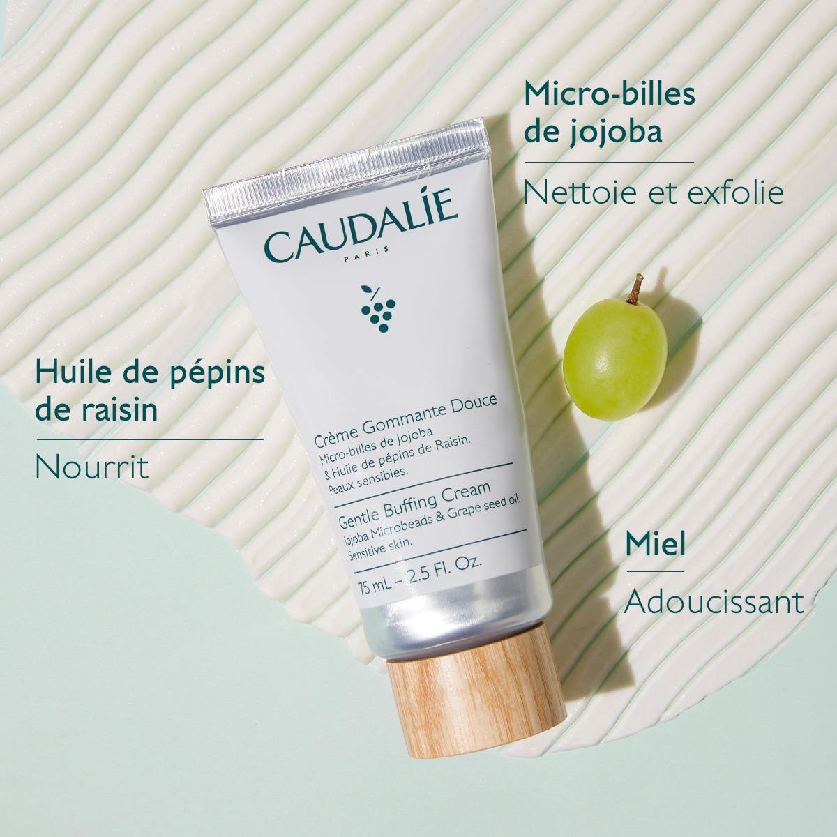 Caudalie Gentle Exfoliating Cream, key ingredients: jojoba microbeads, grape seed oil and honey