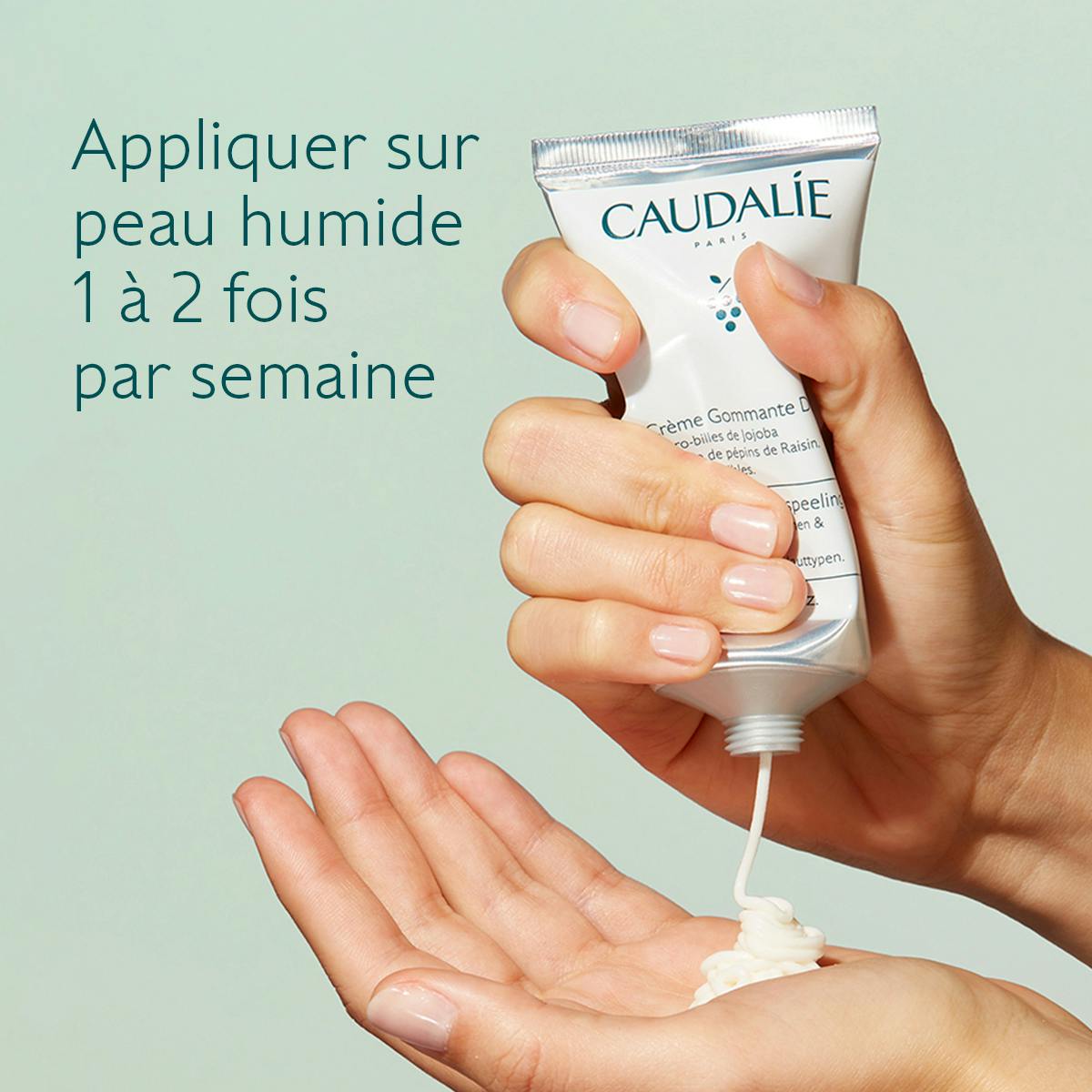 Caudalie Gentle Exfoliating Cream, cream squeezed into a palm, directions in French
