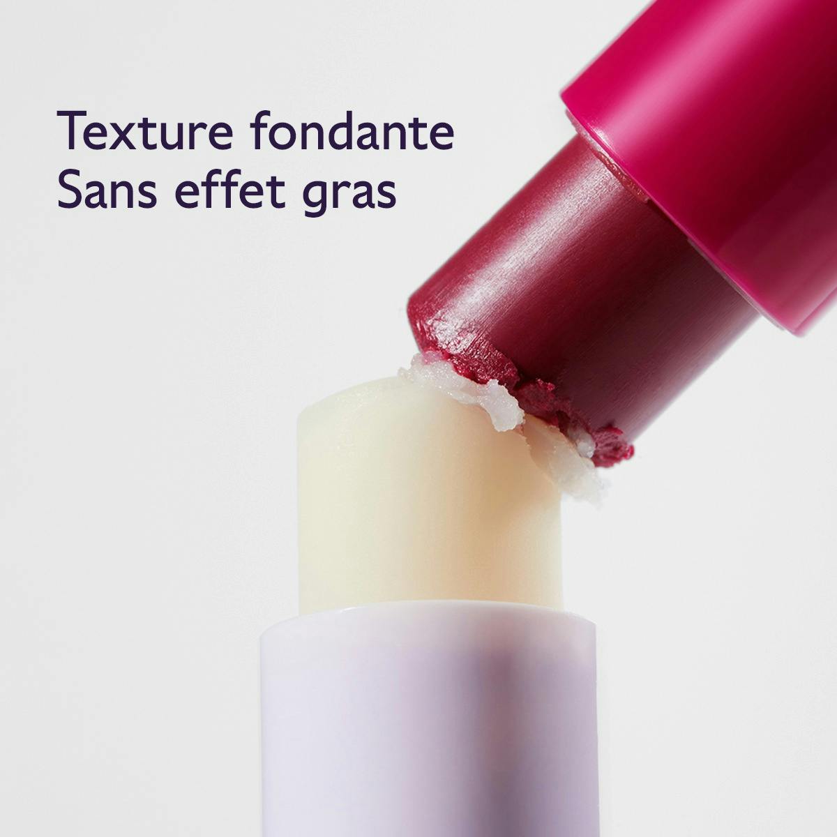 Caudalie Lip Care Stick, natural and tinted balms pressed together, text in French