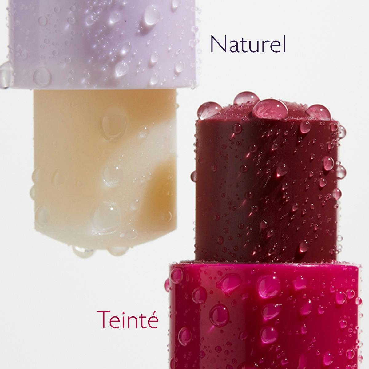 Caudalie Lip Care Stick, natural and tinted versions with water droplets