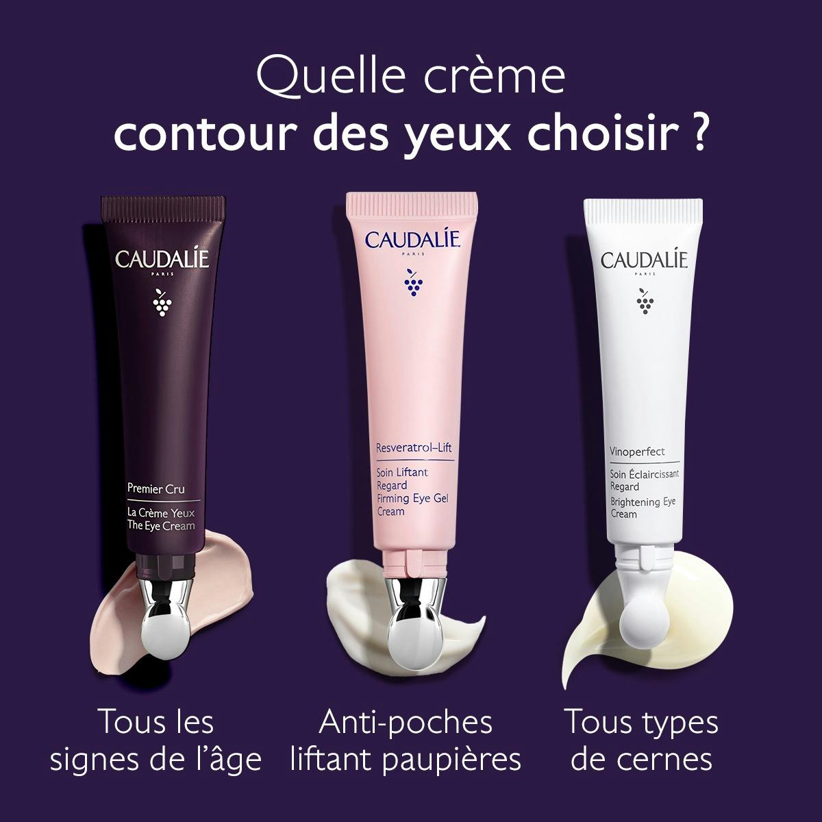 Caudalie Premier Cru, eye cream chart with Premier Cru, Resveratrol-Lift and Vinoperfect tubes