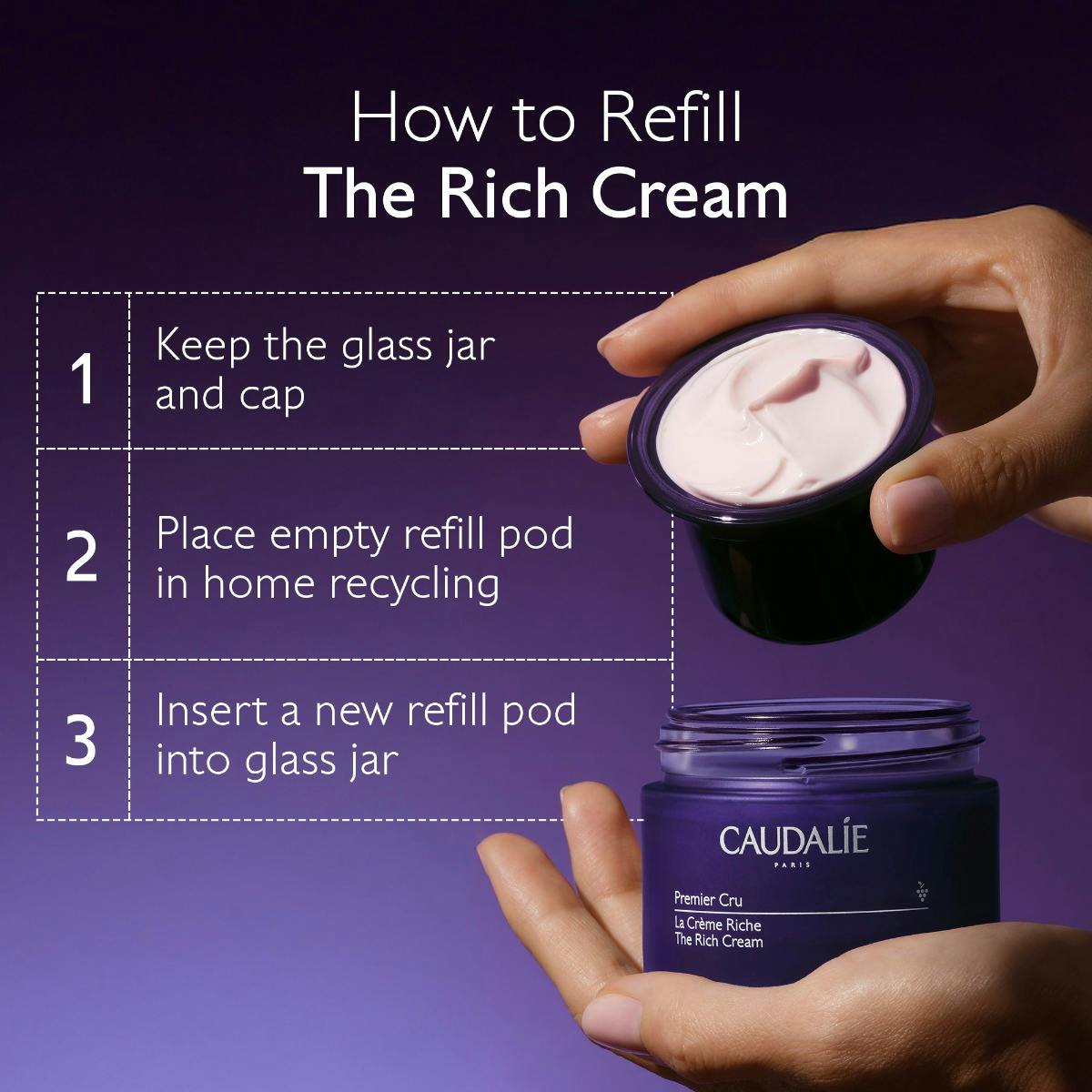 Caudalie Premier Cru, how-to-refill steps with the jar and refill pod