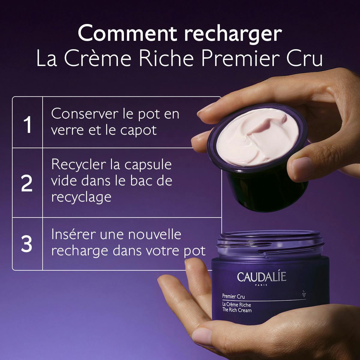 Caudalie Premier Cru, how-to-refill steps with the jar and refill capsule