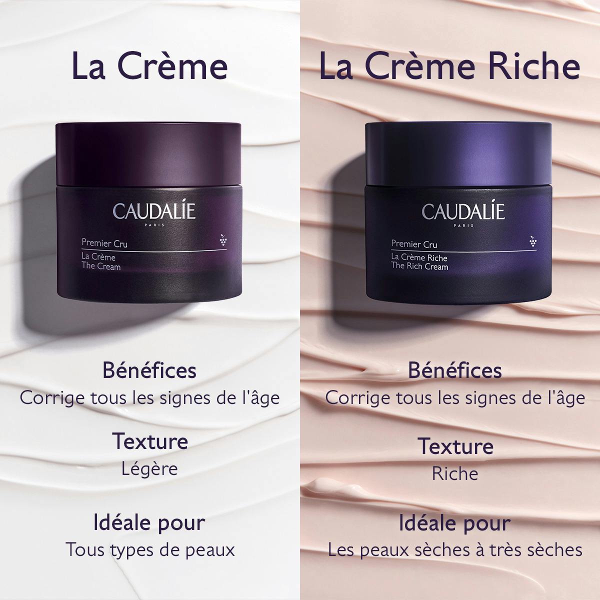 Caudalie Premier Cru, The Cream and The Rich Cream jars compared side by side
