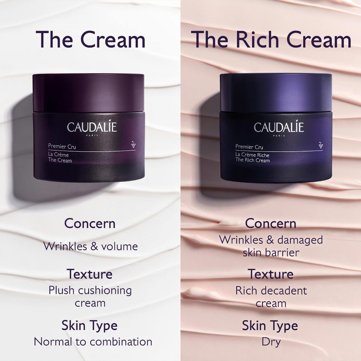 Caudalie Premier Cru, The Cream and The Rich Cream jars compared side by side
