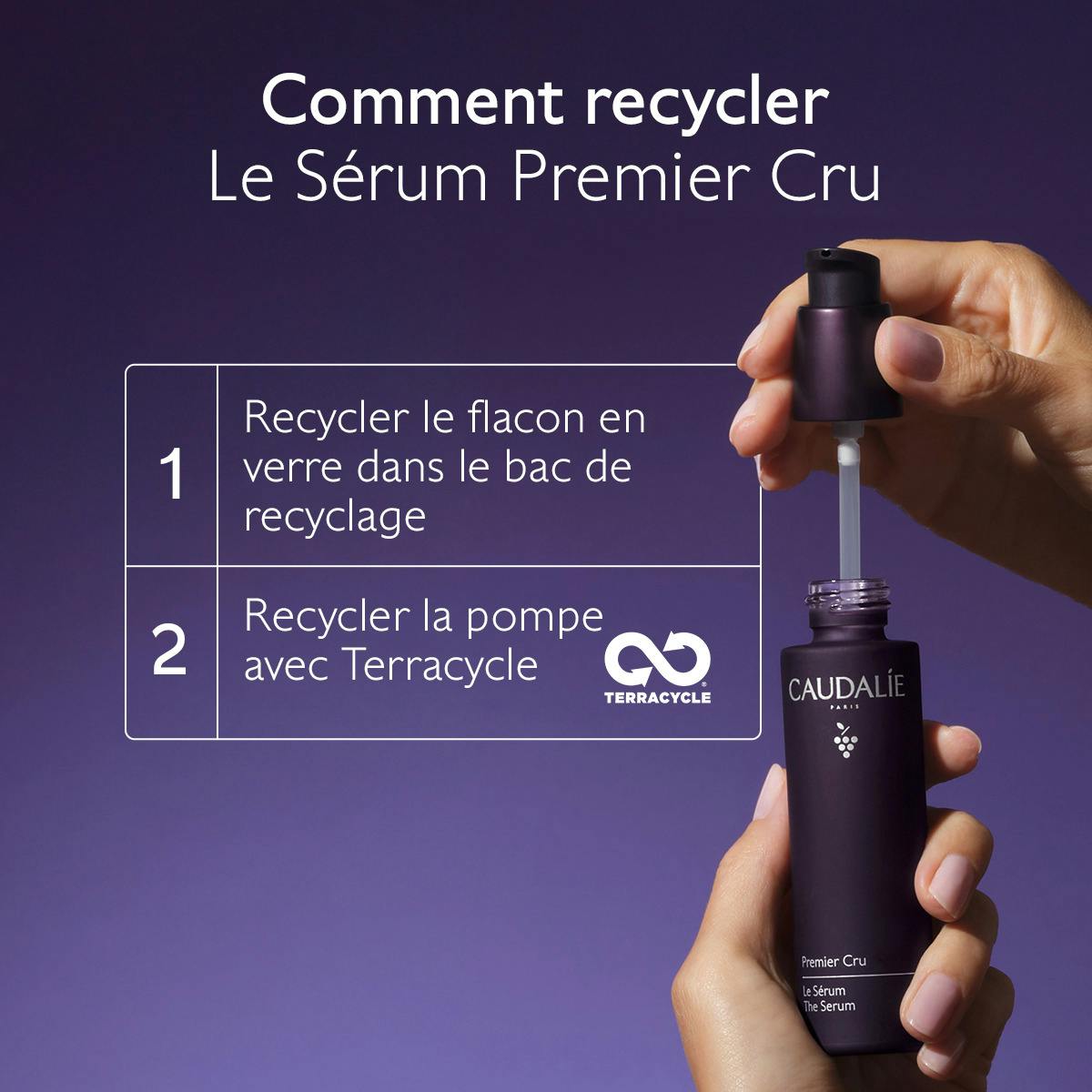 Caudalie Premier Cru, recycling instructions for the glass bottle and pump