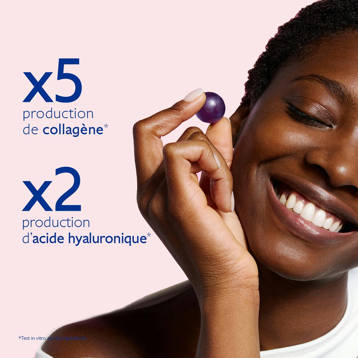 Caudalie Resveratrol-Lift, smiling woman with curly hair holding a grape, in vitro results in French