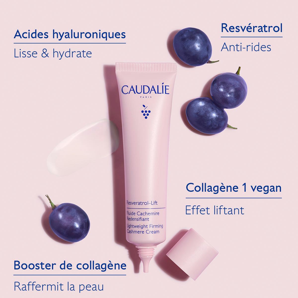 Caudalie Resveratrol-Lift, key ingredients: hyaluronic acids, resveratrol and vegan collagen