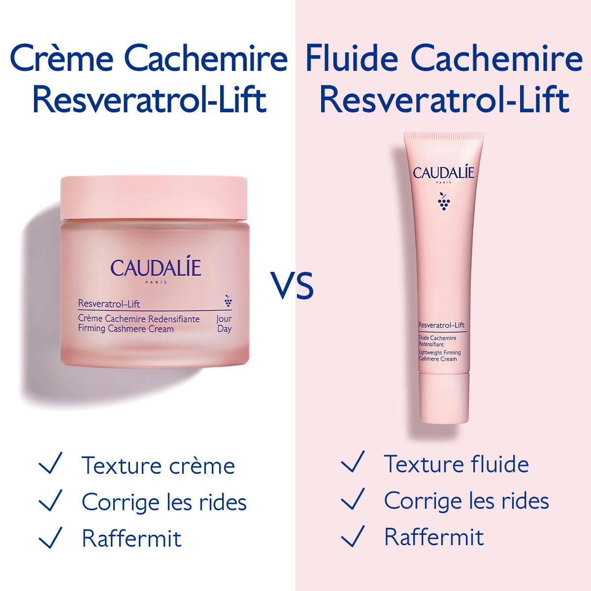 Caudalie Resveratrol-Lift, Cashmere Cream jar and Cashmere Fluid tube compared