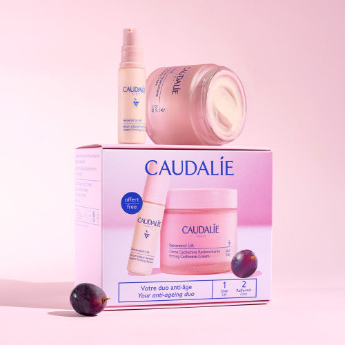 Caudalie Resveratrol-Lift Anti-Aging Firming Serum and Cashmere Fluid Duo, packaging detail