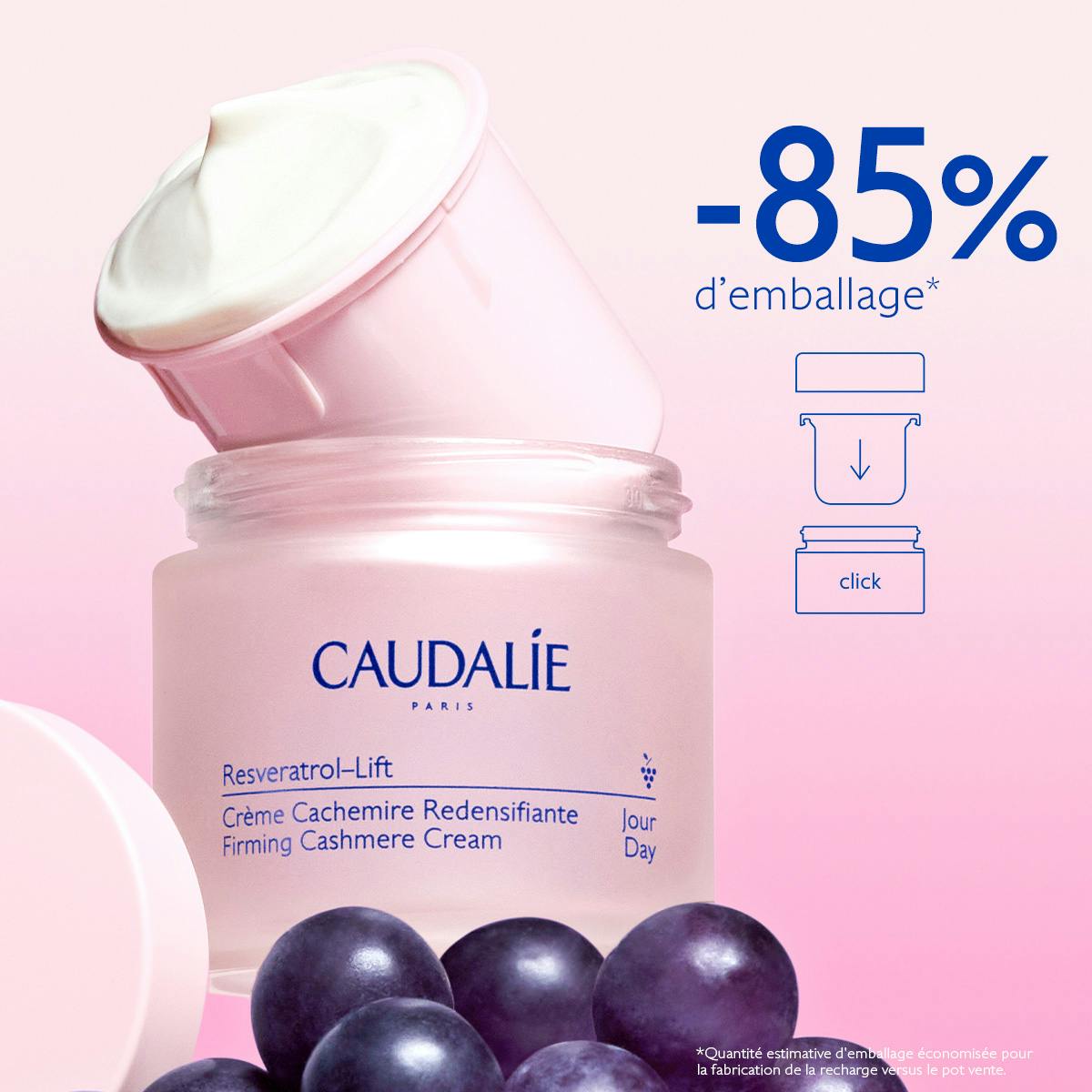 Caudalie Resveratrol-Lift, refill pod above the open jar with grapes