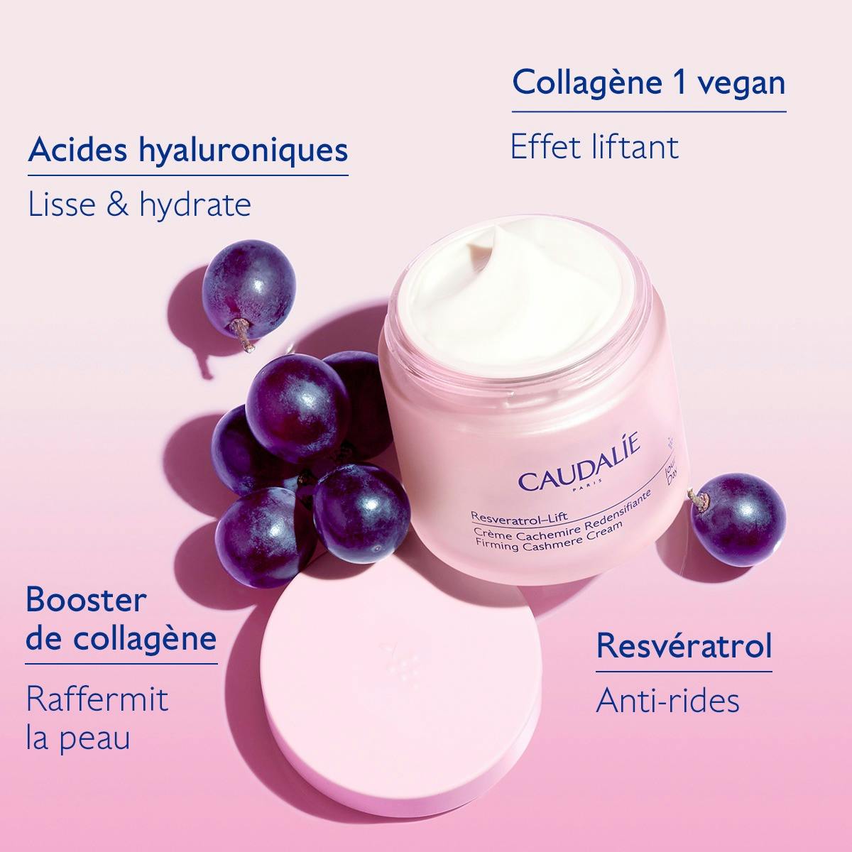 Caudalie Resveratrol-Lift, key ingredients: hyaluronic acids, vegan collagen and resveratrol