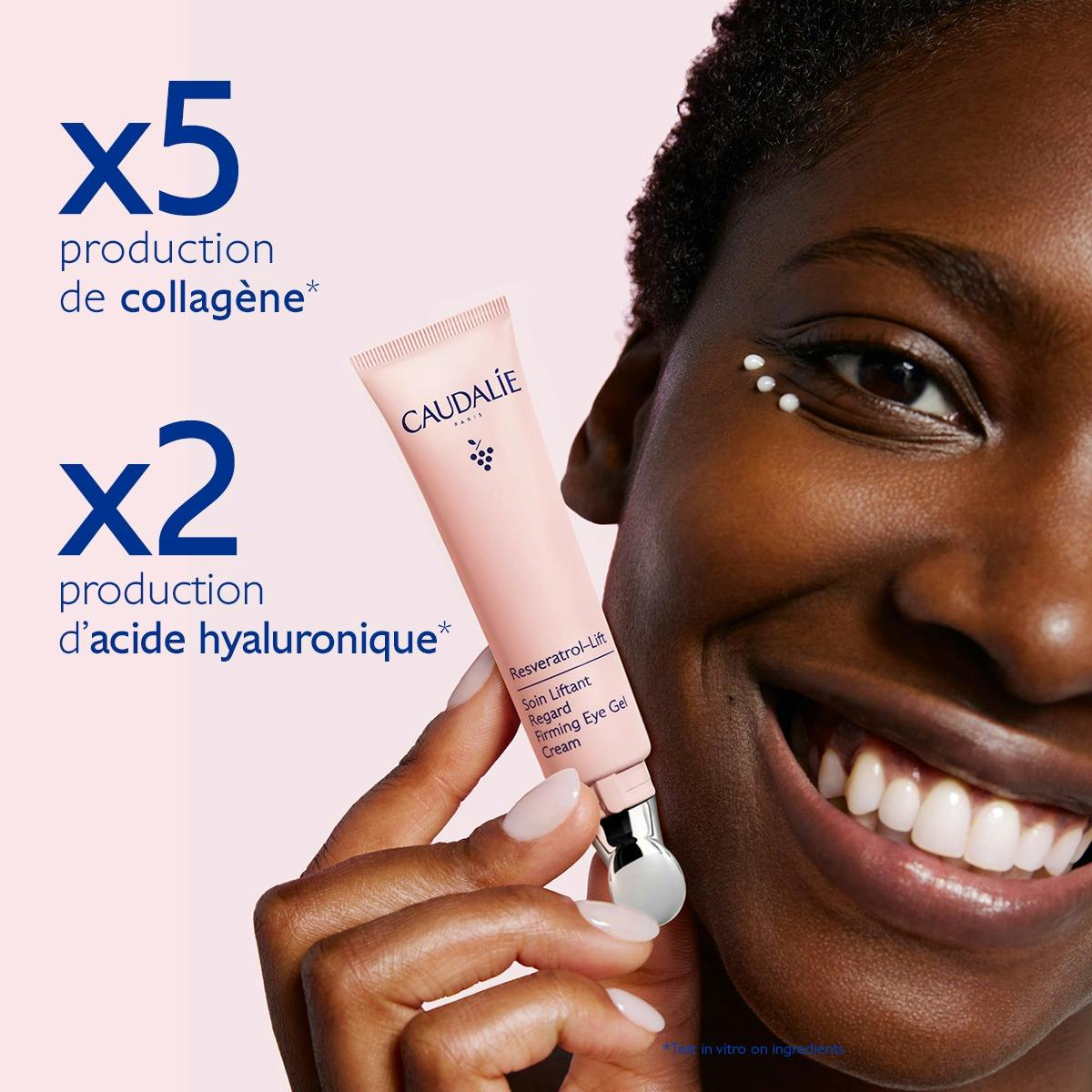 Caudalie Resveratrol-Lift, smiling woman holding the tube with in vitro results in French