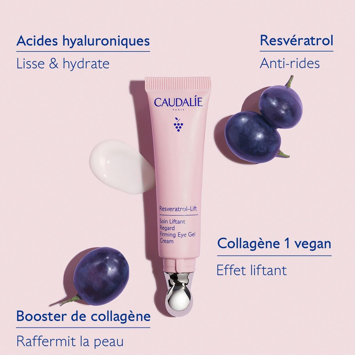 Caudalie Resveratrol-Lift, key ingredients: hyaluronic acids, resveratrol and vegan collagen