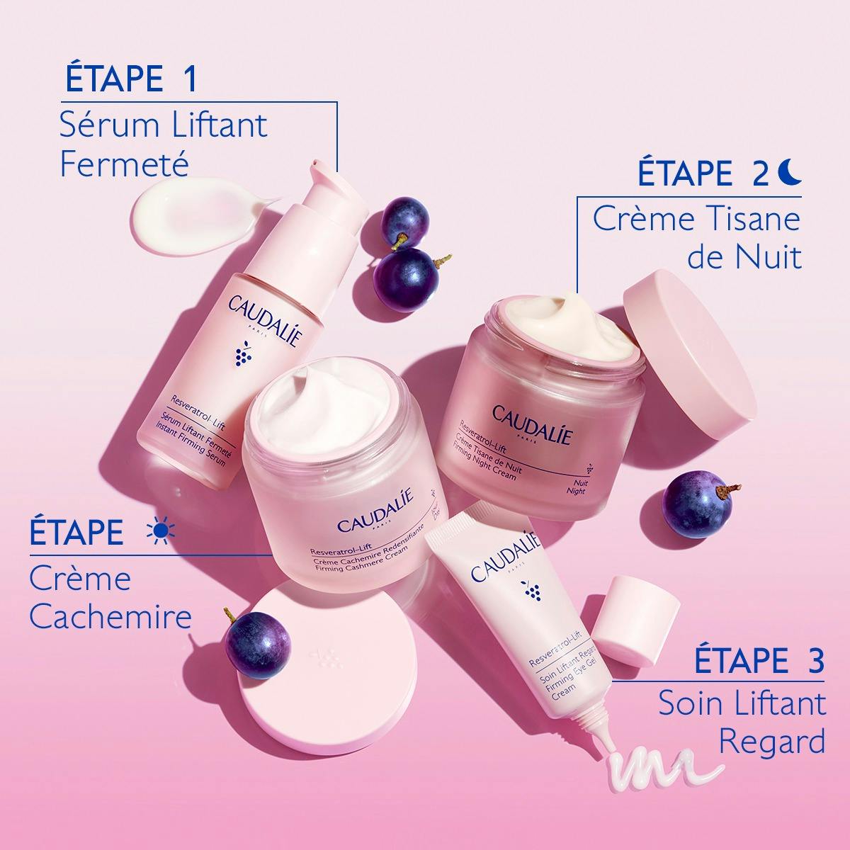 Caudalie Resveratrol-Lift, three-step routine with the serum, day cream, night cream and eye care