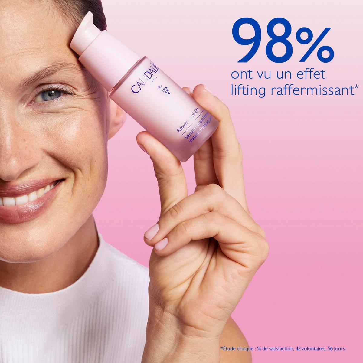 Caudalie Resveratrol-Lift, woman smiling with the pump bottle and study results in French