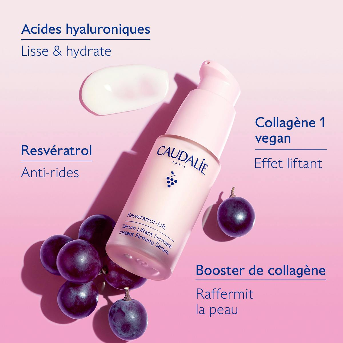 Caudalie Resveratrol-Lift, key ingredients around the pump bottle and black grapes