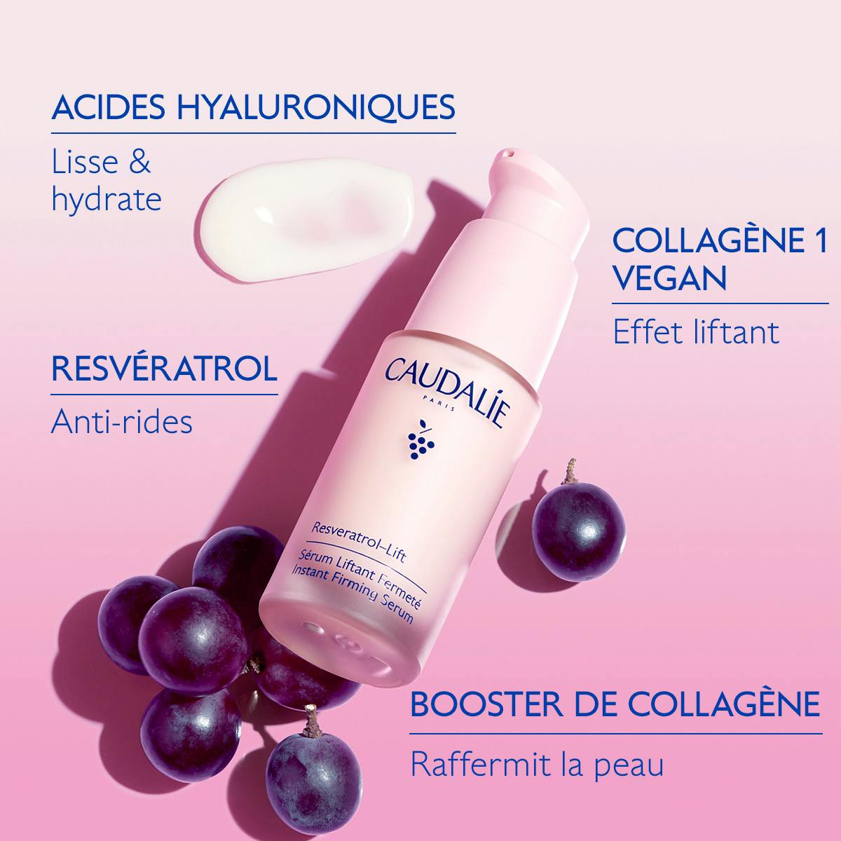 Caudalie Resveratrol-Lift, key ingredients: hyaluronic acids, resveratrol and vegan collagen