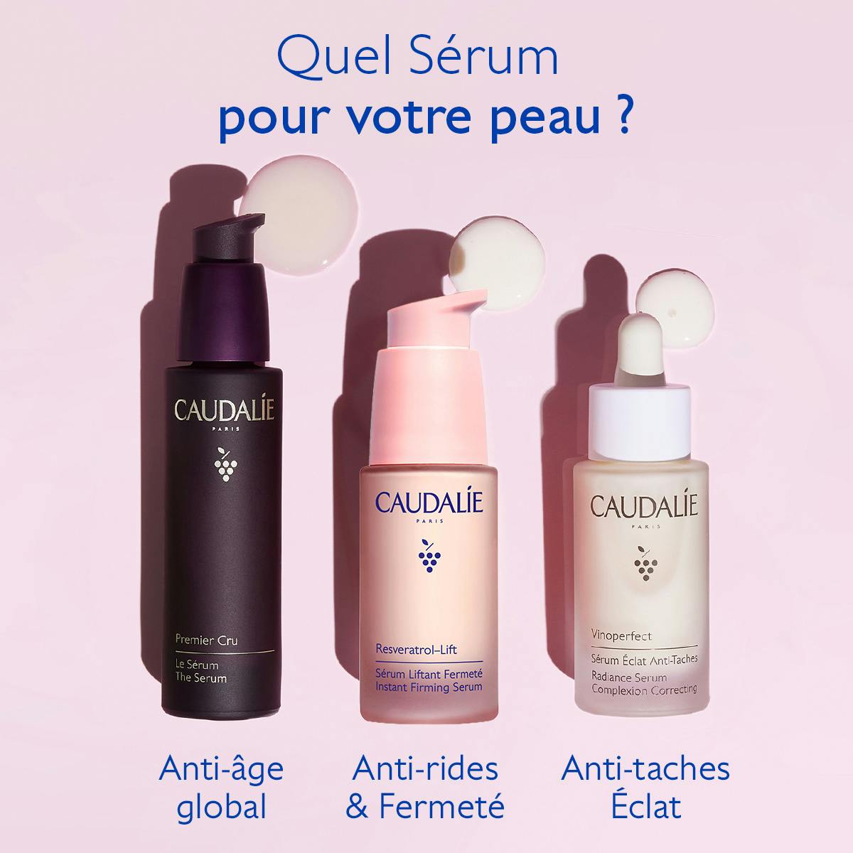 Caudalie Resveratrol-Lift, serum chart with Premier Cru, Resveratrol-Lift and Vinoperfect bottles