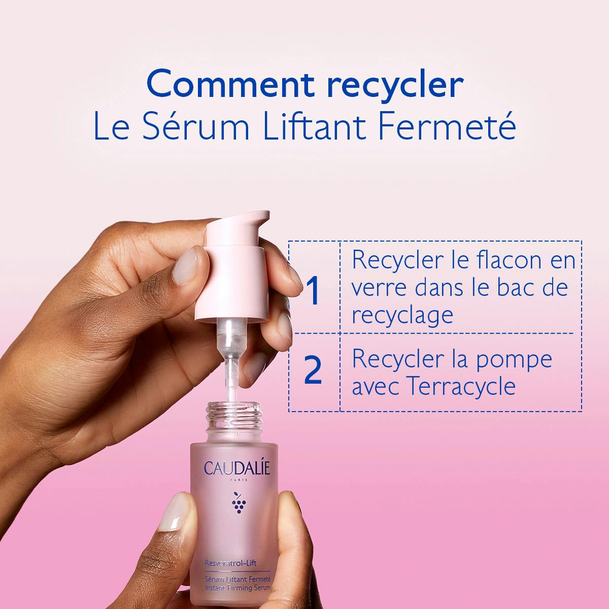 Caudalie Resveratrol-Lift, recycling instructions for the glass bottle and pump