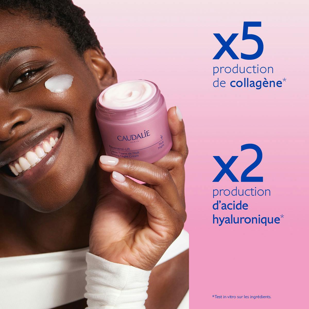 Caudalie Resveratrol-Lift, smiling woman holding the jar with study results in French