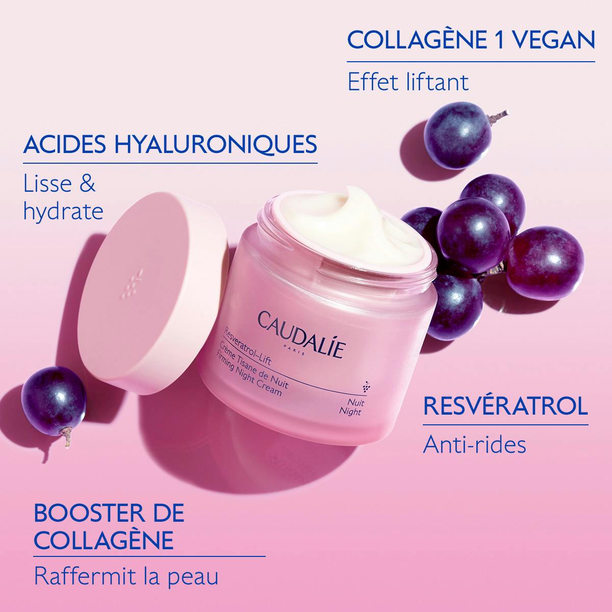 Caudalie Resveratrol-Lift, key ingredients: vegan collagen, hyaluronic acids and resveratrol