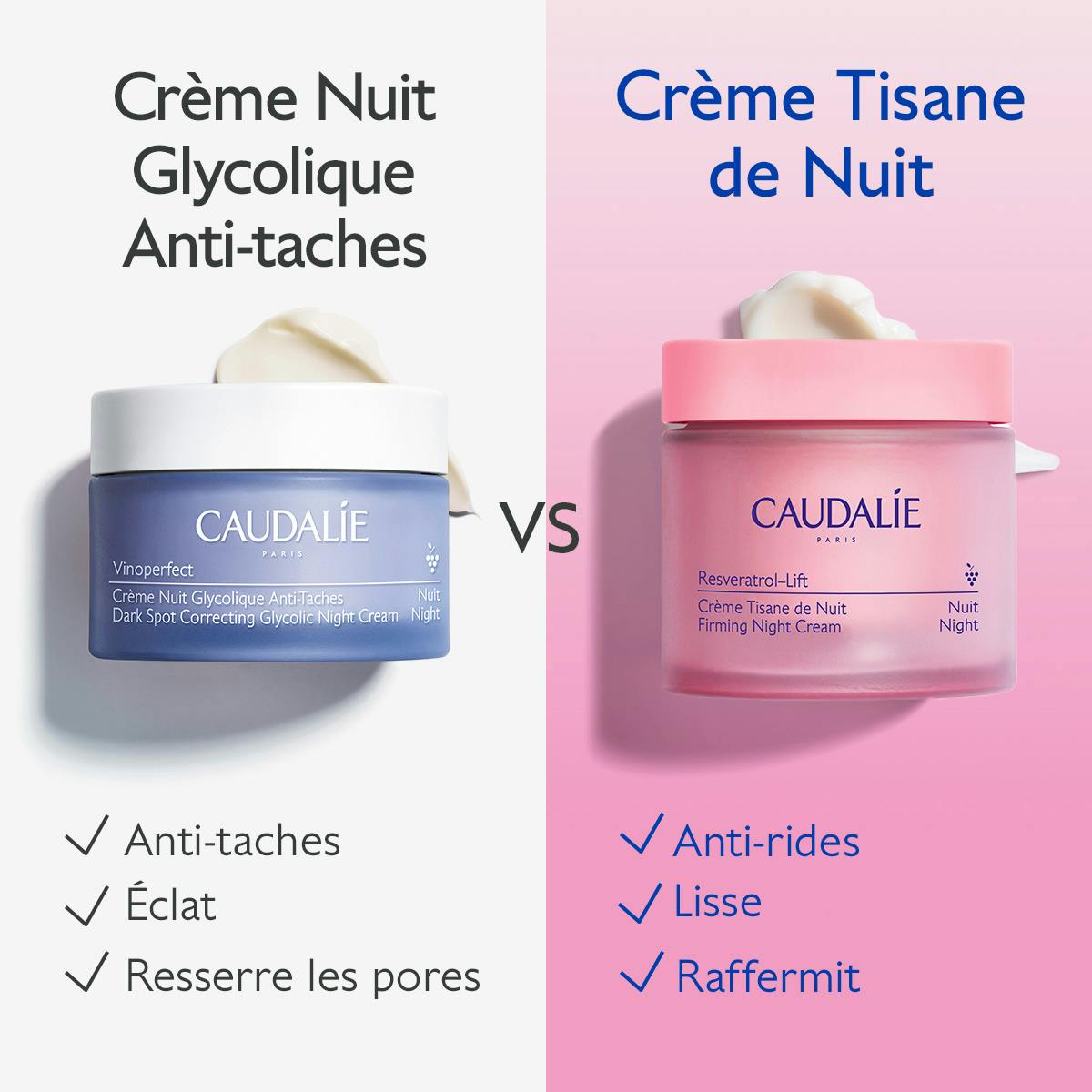 Caudalie Resveratrol-Lift, night cream compared with the Vinoperfect glycolic night cream