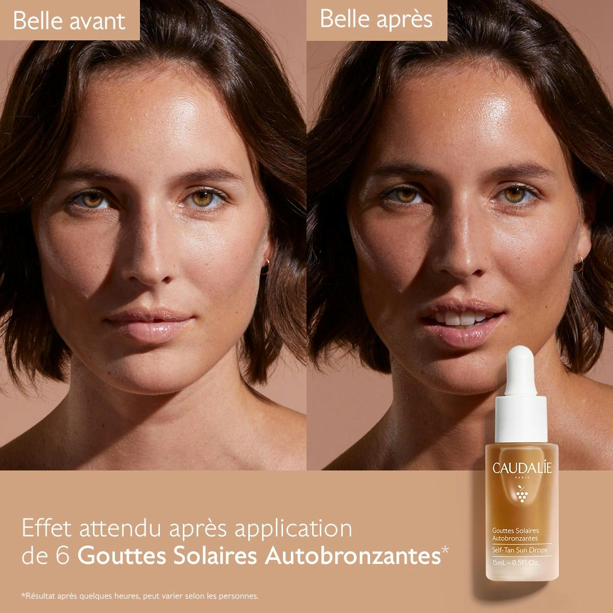 Caudalie Self-Tanning Sun Drops, before and after photos of a woman's face