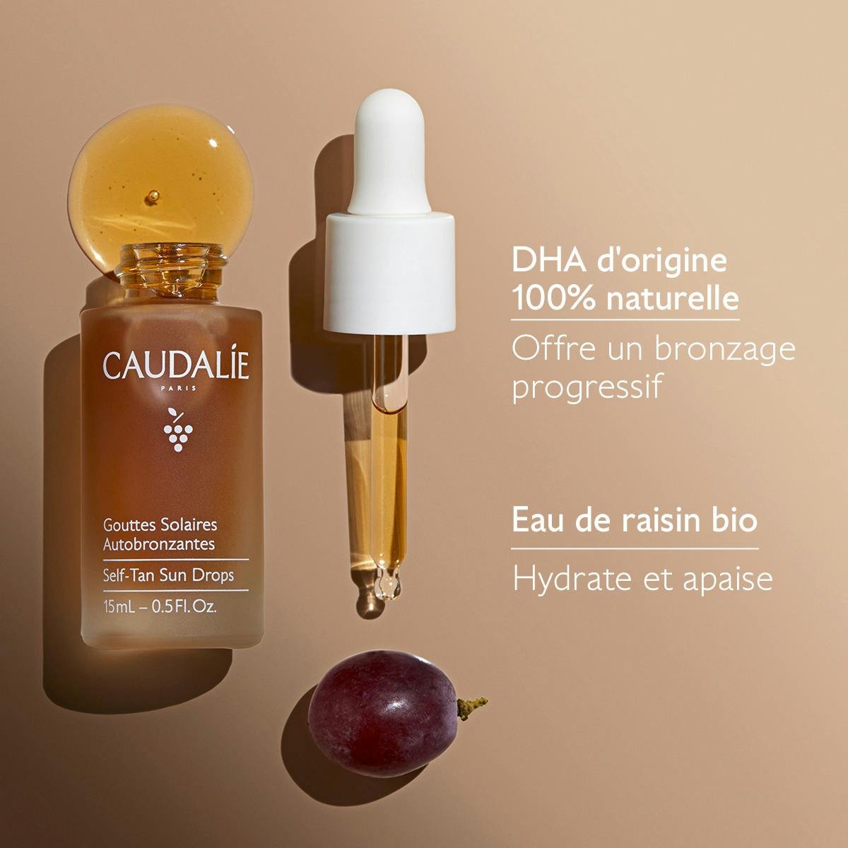 Caudalie Self-Tanning Sun Drops, key ingredients: naturally derived DHA and organic grape water