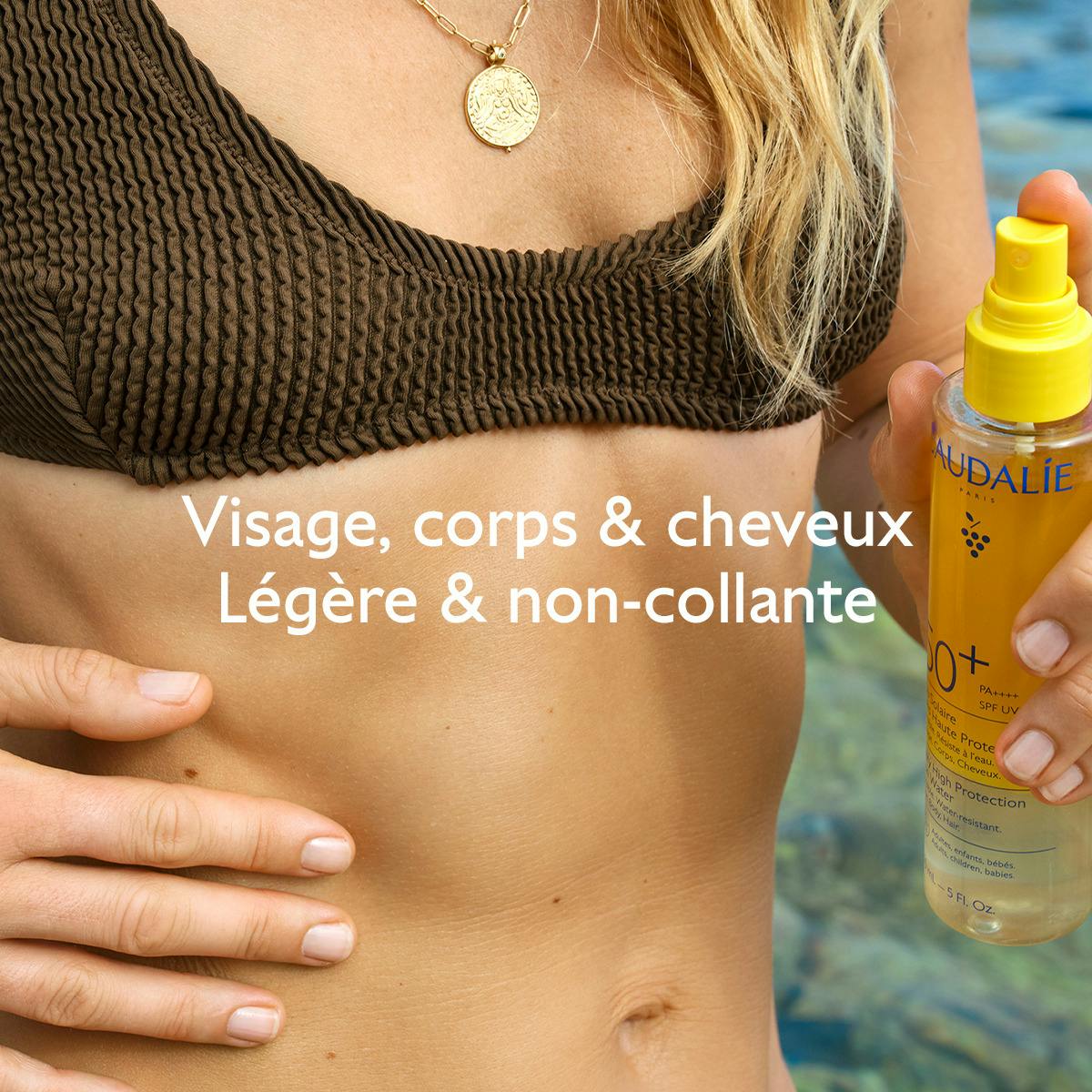 Caudalie Solaire, woman in a bikini holding the sun water bottle