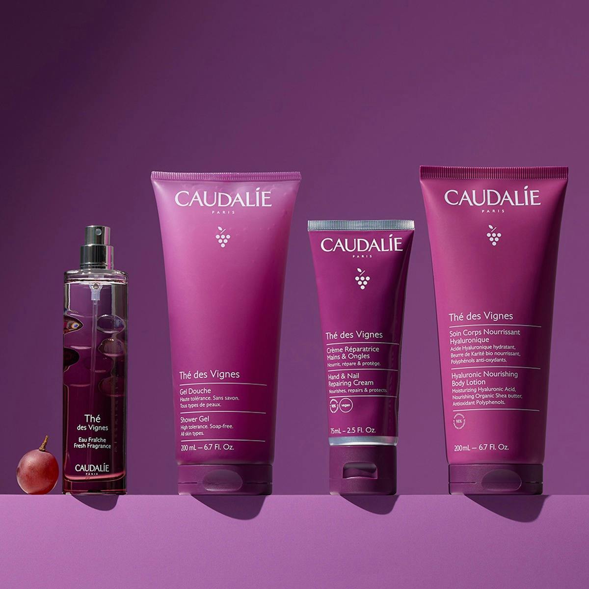 Caudalie Thé des Vignes, range of four products on a purple shelf