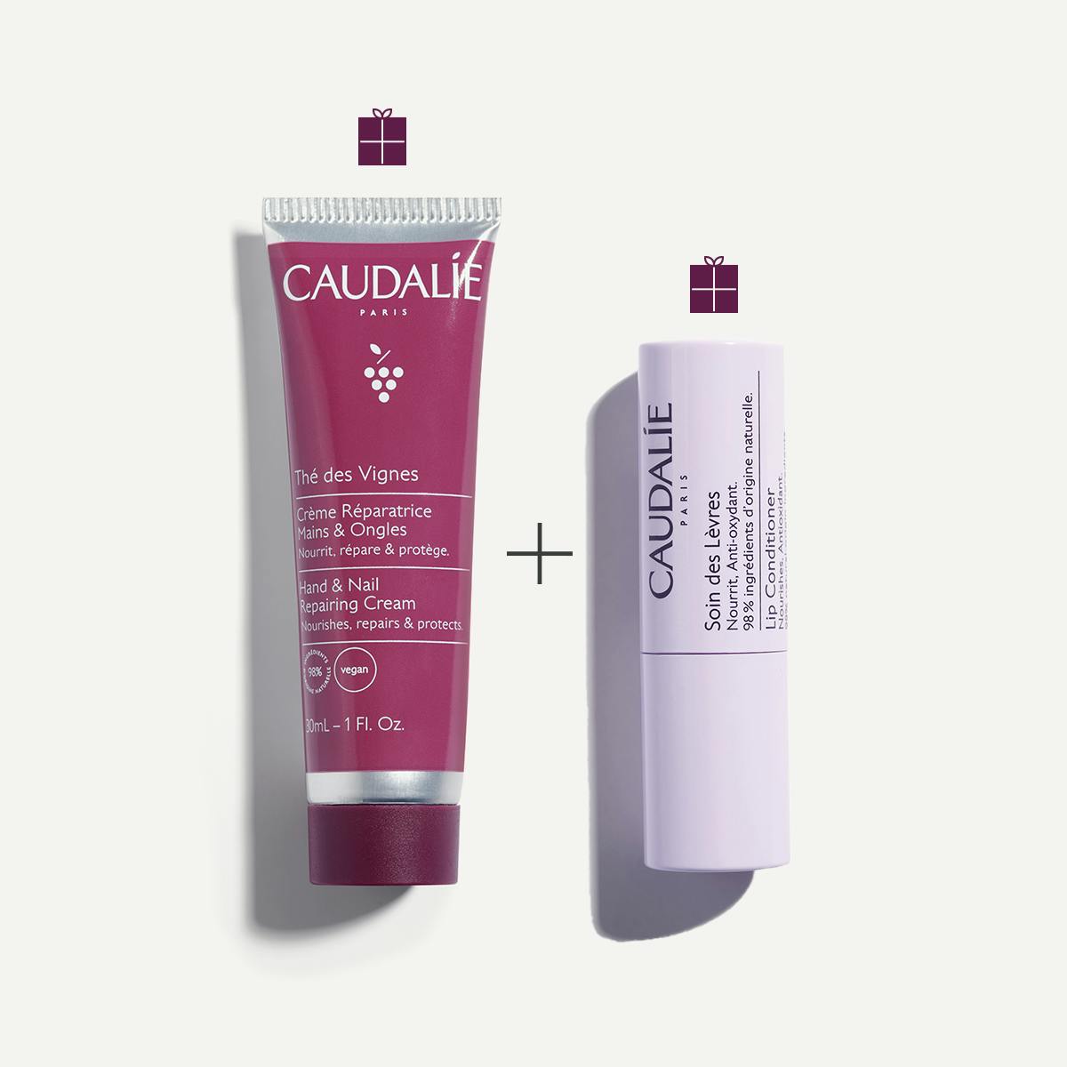 Caudalie Thé des Vignes, hand cream tube and lip balm stick side by side