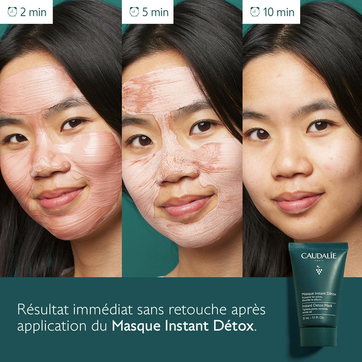 Caudalie Vinergetic C+, woman's face with the mask at three time stages