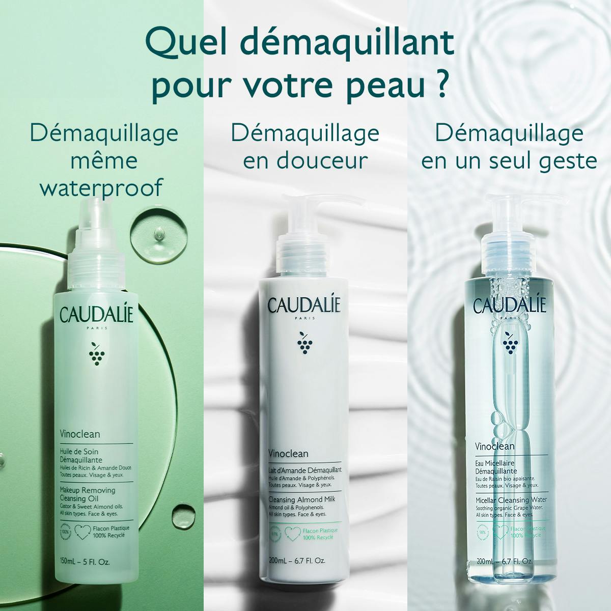 Caudalie Vinoclean, cleansing oil, almond milk and micellar water with captions in French